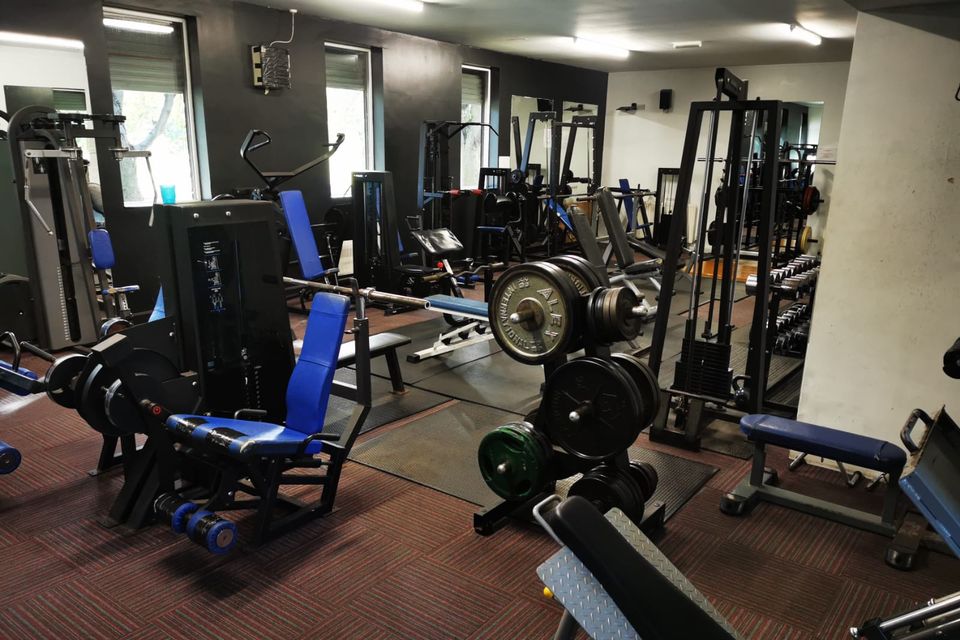 Free weights and machines, with Olympic bars and plates, a leg extension, benches, a cable station and a dumbbell rack.